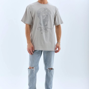 ERKEK Tişört TAŞ Detaylı Bisiklet Yaka  Kısa kol T-Shirt - Gri